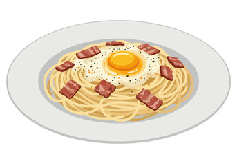 Pasta Carbonara creamy spaghetti topped with egg pepper  crispy bacon strips on a white plate