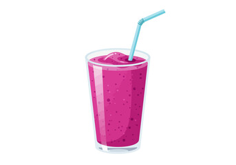 Pink smoothie in a glass with a blue straw on a white background