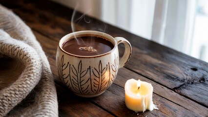 Steaming dark coffee in cream ceramic mug on rustic wooden table. Beige knitted blanket and lit white candle add cozy mood, soft natural light, calm negative space, concept of home comfort
