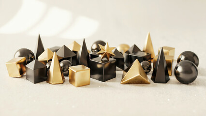 Modern geometric Christmas ornaments in black and gold on white background with glitter, minimalist holiday decoration, concept of Christmas