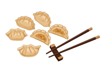 Six dumplings and chopsticks are pictured on a white background