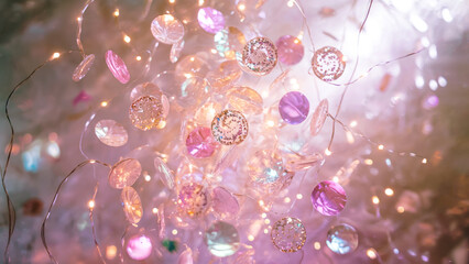 Golden and silver confetti falling, sparkling pieces, iridescent background, fairy lights, magical mood, festive celebration, bright colors, concept of party
