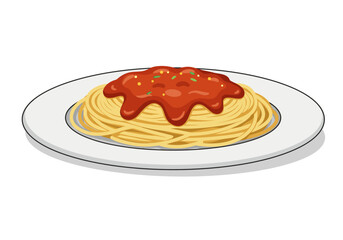 Spaghetti with tomato sauce and herb garnish on a white plate