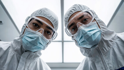 Two medical laboratory workers in white protective suits, face masks, and safety goggles with serious expressions looking down in a sterile environment, concept of focused laboratory work