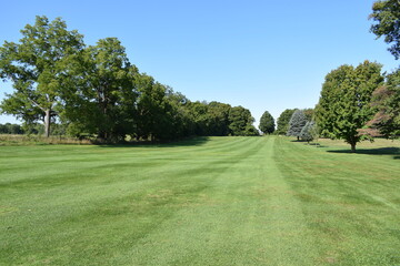 Obraz premium Looking down the tree lined golf course fairway to the putting green goal to score.