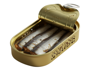 Opened tin of sardines with golden can and decorative cutout design on transparent background. Canned fish for food packaging concept.