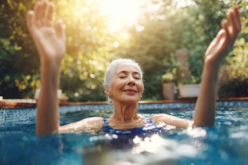 Elderly caucasian woman enjoying relaxation in pool during sunny day