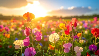 Colorful flowers in a field at sunset (1)