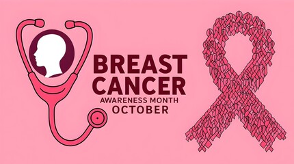 Breast cancer awareness month design with stethoscope, female silhouette, and pink ribbon made of flowers, promoting support and early detection