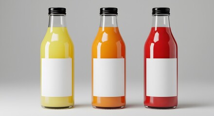 Three Colorful Juice Bottles with Blank Labels on a Light Gray Background