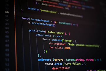 Close-up of JavaScript code in dark mode showing form handling and error messages, ideal for representing web development, programming logic, and modern software engineering concepts.
