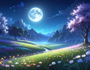 A serene, moonlit meadow