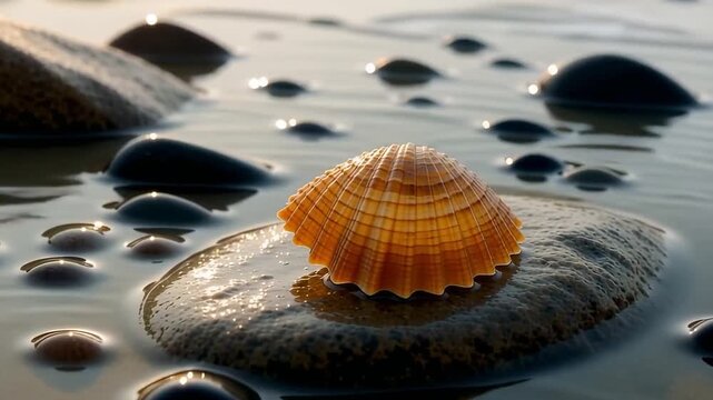 A golden seashell sits atop a smooth rock, surrounded by gentle ocean waves