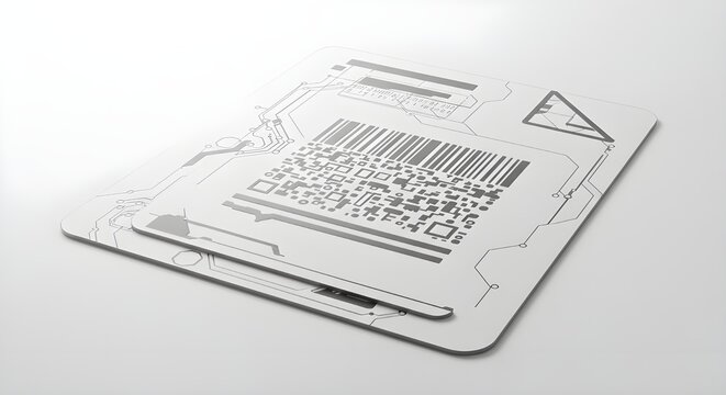 Two futuristic metal cards with barcode and circuit design on white background - Powered by Adobe
