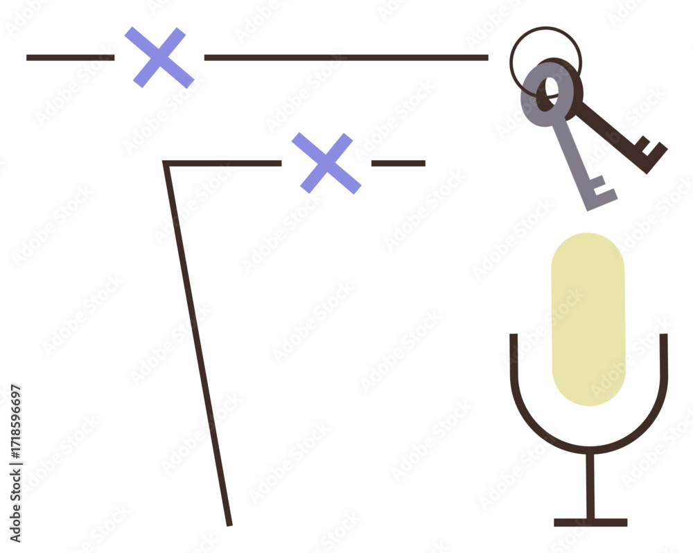Poster microphone symbol paired with abstract lines and keys focusing on sound, security, access, and dialo