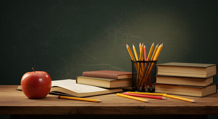 Back to School: Books, Apple, Pencils on Wooden Desk, Chalkboard Background. Education & Learning Concept.