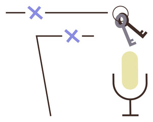 Microphone symbol paired with abstract lines and keys focusing on sound, security, access, and dialogue. Ideal for communication, security, audio recording, podcasting, encryption broadcasting