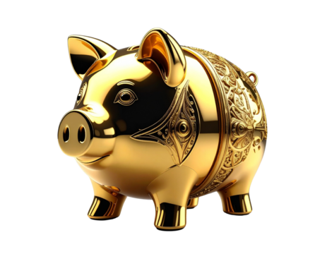  Shiny gold piggy bank icon of prosperity and money savings isolated on transparent background PNG