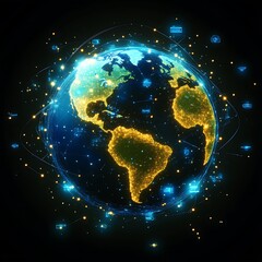 Earth, glowing with digital network.  A 3D rendering of the Earth,  outlined with golden-yellow light.  Data streams and connections surround the globe