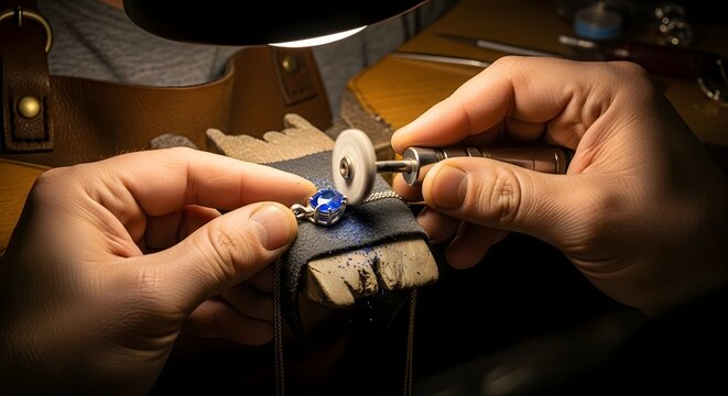 Artisan's hands meticulously polishing a blue gemstone ring on a jeweler's bench under a focused lamp.