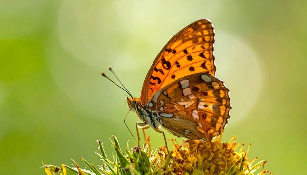 Orange butterfly perched on yellow flower, sunlit background