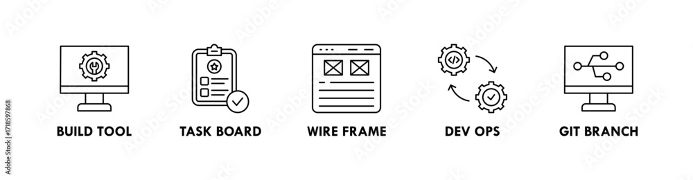 Poster software development banner web icon illustration concept with icon of build tool, task board, wire 