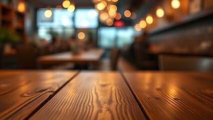 A wooden table with subtle grain texture and abstract bokeh lights, creating a warm and inviting restaurant ambiance.