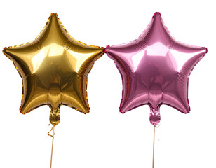  Shiny metallic pink and gold star balloons party decoration isolated on transparent background PNG