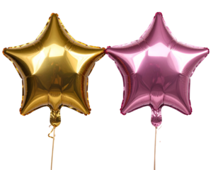  Shiny metallic pink and gold star balloons party decoration isolated on transparent background PNG