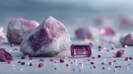 Macro Shot of Pink Gemstones and Minerals with Sugar Like Coating on a White Surface and Soft Lighting