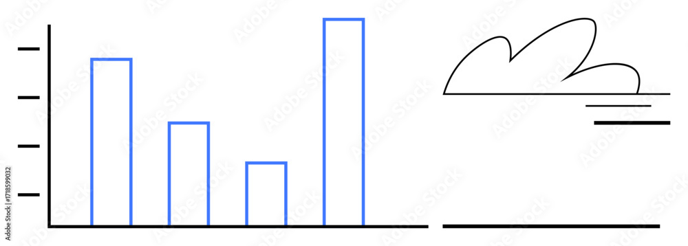 Poster bar chart analysis with vertical bars of varying heights, minimalist cloud and lines. ideal for busi