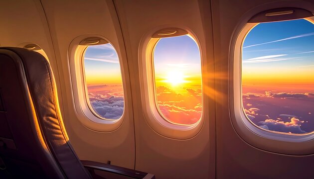 Airplane windows showing sunset over clouds