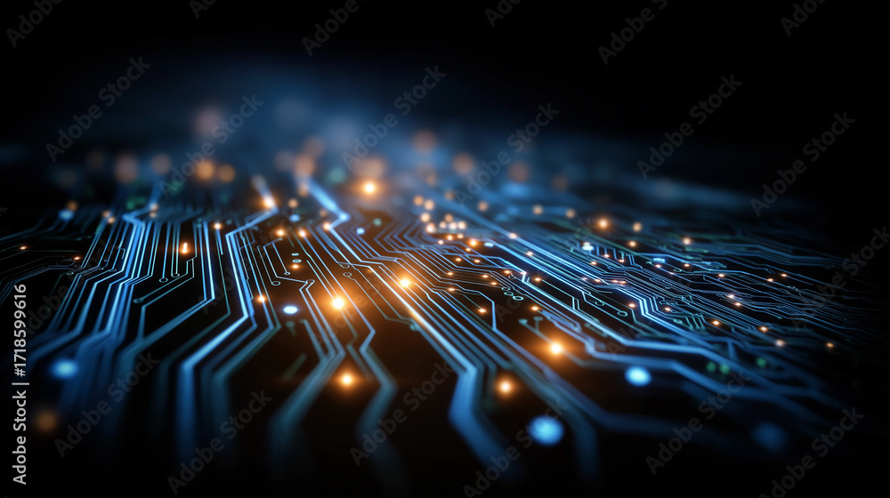 Poster circuit board: a close-up view of a sophisticated circuit board, illuminated by glowing lights, symb