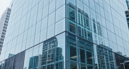 Obraz premium Modern Glass Facade of a High Rise Building, Architectural Detail, Urban Cityscape Reflection