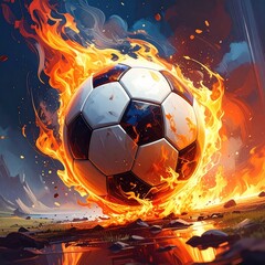 Fiery soccer ball engulfed in flames, reflecting on wet ground