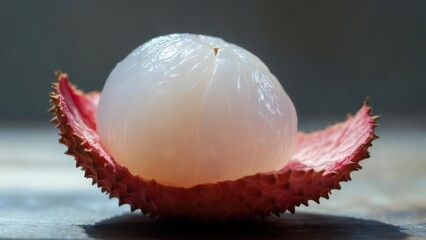 Fototapeta premium Close-up of a lychee fruit, its fleshy white interior nestled within the reddish-pink husk