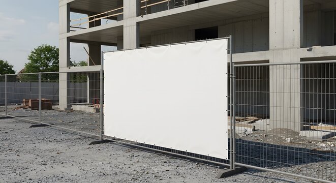 Unfinished Concrete Building and Blank Banner on Fence at Construction Site
