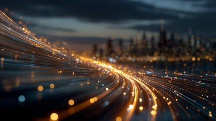 Illuminated Data Highway: A dynamic portrayal of information coursing through the digital realm, showcasing the connectivity of modern cities with a luminous trail of data.
