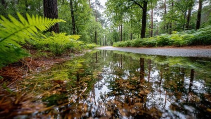 Obraz premium Forest road reflecting in a puddle after rain