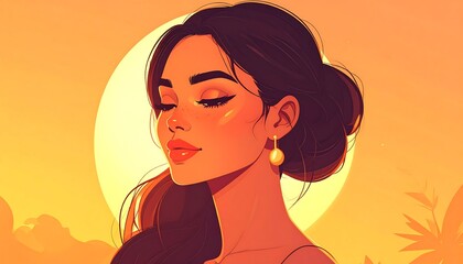 A serene woman in warm sunset hues