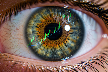 Human eye reflecting an upward financial market chart, symbolizing data-driven insight, strategic vision, and future economic growth analysis