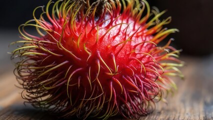 Close-up of a rambutan fruit, vibrant red prickly exterior