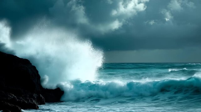 岩にぶつかる激しい波と荒れた海