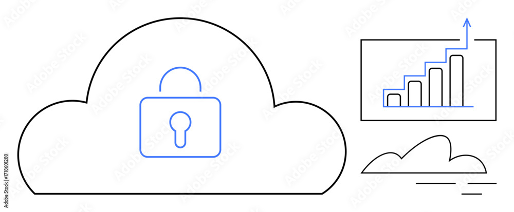 Poster cloud with lock symbolizing security, rising bar chart for data growth. ideal for cybersecurity, dat