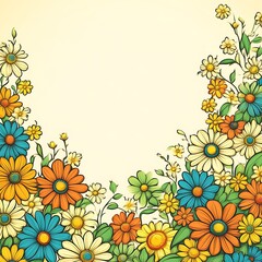 Obraz premium Floral border design. Colorful flowers in a rounded frame against a light background. Various shades of orange, yellow, blue, and green. Detailed line art style
