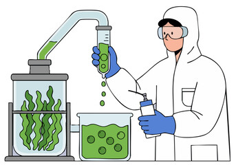 Scientist monitors polymer production in a lab. Detailed illustration showcases research, innovation, and scientific process. Modern, clean design.