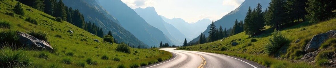 Scenic Mountain Pass Road Sunlight Illuminates Winding Path Through Lush Greenery and Towering Peaks - Perfect for Travel and Adventure