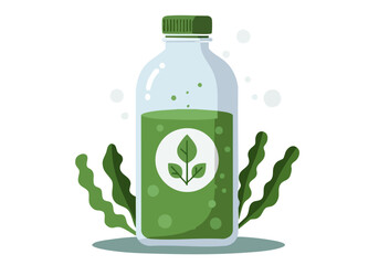 stylized illustration showcases an eco-algae bottle with green algae presented against a soft cloudy background Clean modern design with a focus on sustainability and natural elements