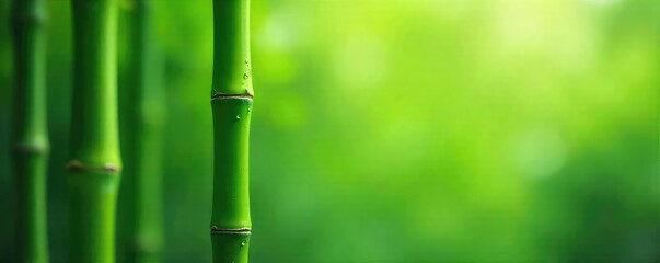 Fototapeta premium Dew-Kissed Bamboo A Single Stalk of Vibrant Green Rising Against a Softly Blurred Background, conveying purity, revitalizing energy, and serene natural beauty.