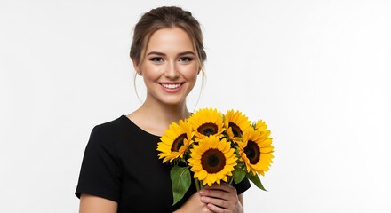 笑顔輝く女性 ひまわりブーケ 優しい光 清楚な雰囲気. AI Generated